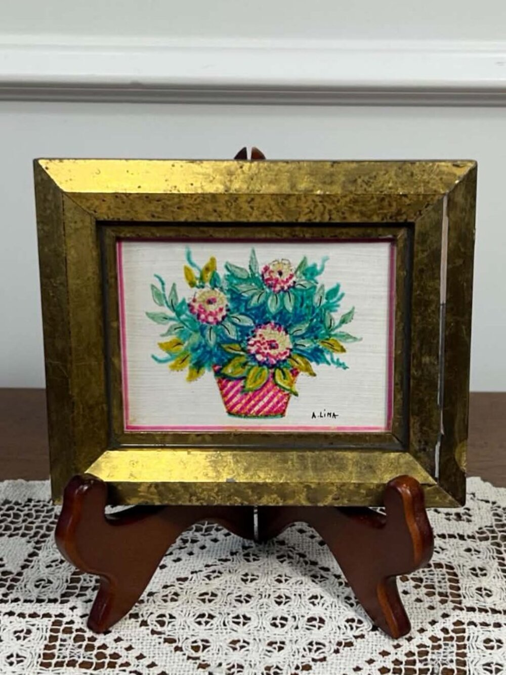 Vintage A. Lima Signed Miniature Floral Painting in Gold Frame